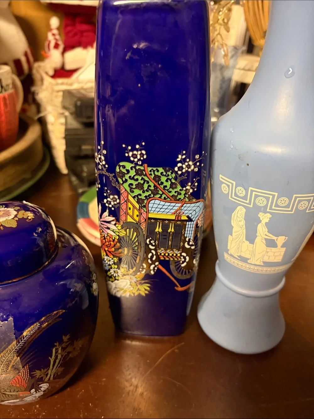 Set of Deep Cobalt Blue Decorative Ceramic Vases and Lidded Jar